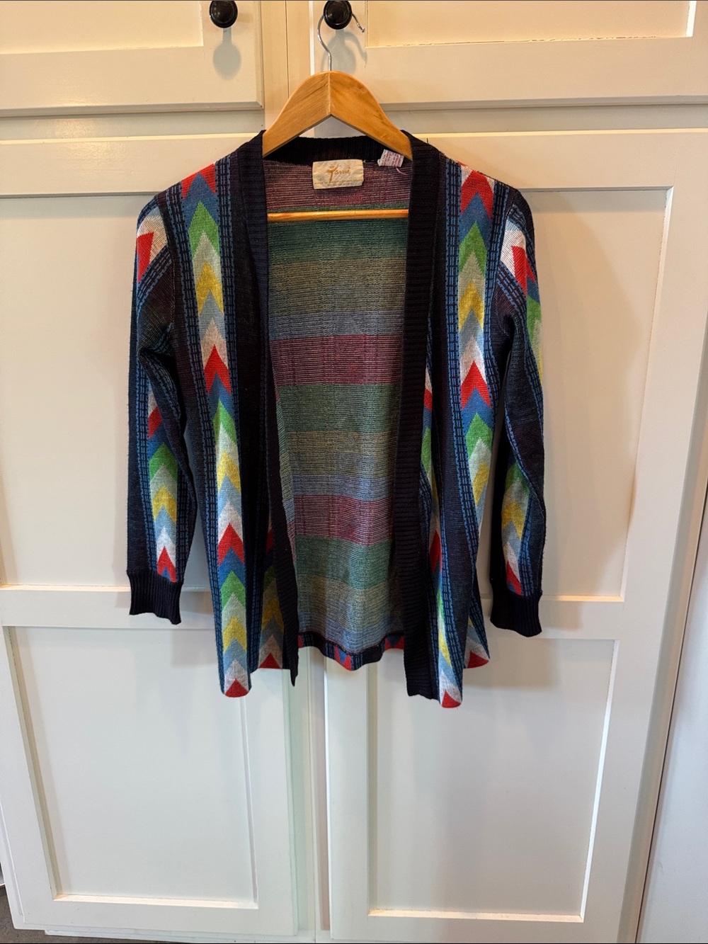 Vintage Open-Front Multicolor Chevron Knit Cardigan - Women's Sweater